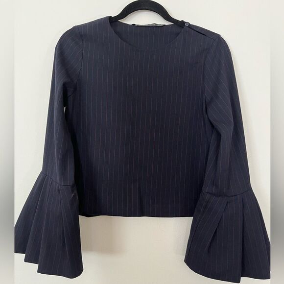 Zara dk blue/red vertical lines blouse; pleated lower sleeves,side neck button,S - Picture 1 of 9